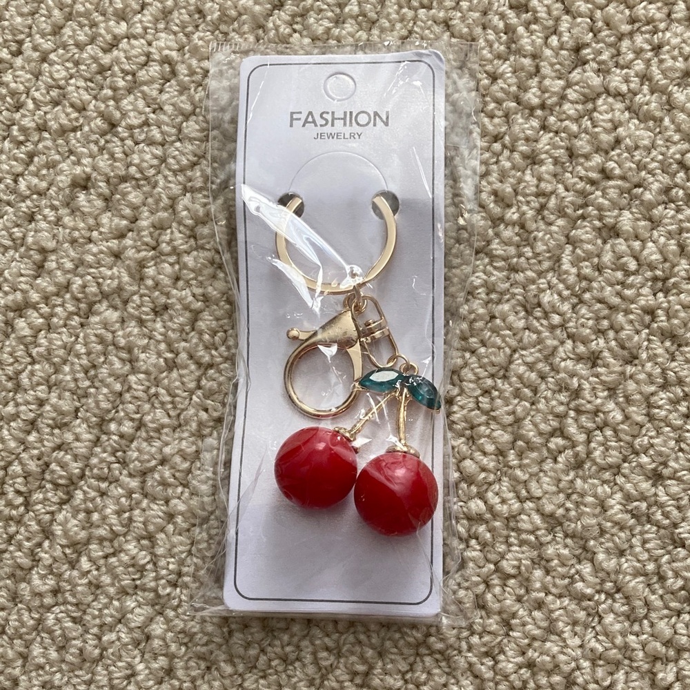 NEW Cherry Bag Charm Keychain Gold Plated 3D NIB
